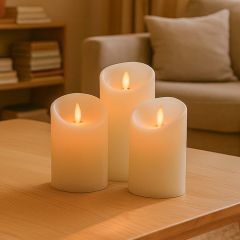 LED-Stumpenkerzen mit beweglicher Flamme, weiß, 3 Stk, Ø7,5 cm, inkl. Fernbedienung und Timer, 10/15/20 cm hoch, echtes Stearin