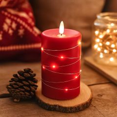 LED-Stumpenkerze mit Lichterkette und Flammeneffekt, 12,5 cm hoch, funktioniert mit Fernbedienung, aus echtem Stearin, rot