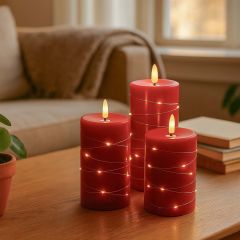 LED-Stumpenkerzen-Set mit Flammeneffekt und Lichterkette, Rot, Ø7,5cm, 10/12,5/15cm, Fernbedienung, Timer, echtes Stearin
