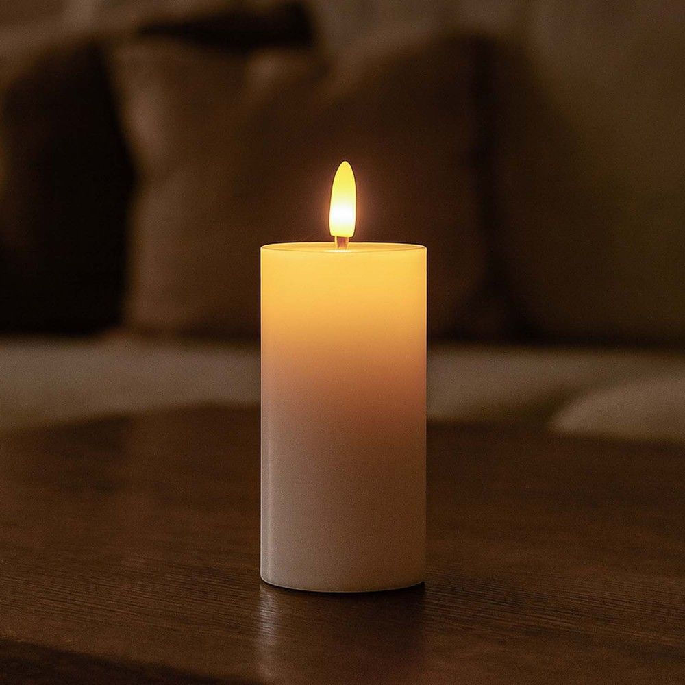 LED-Stumpenkerze mit Flammeneffekt, Weiß, 10 cm hoch, Ø5 cm, Timer, echtes Stearin