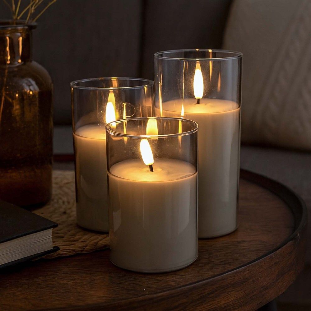 LED-Stumpenkerzen-Set im graugetönten Glas mit Flammeneffekt, Ø7,5 cm, 3 Stk. - inkl. Fernbedienung, Timer, Höhe 10/12,5/15 cm