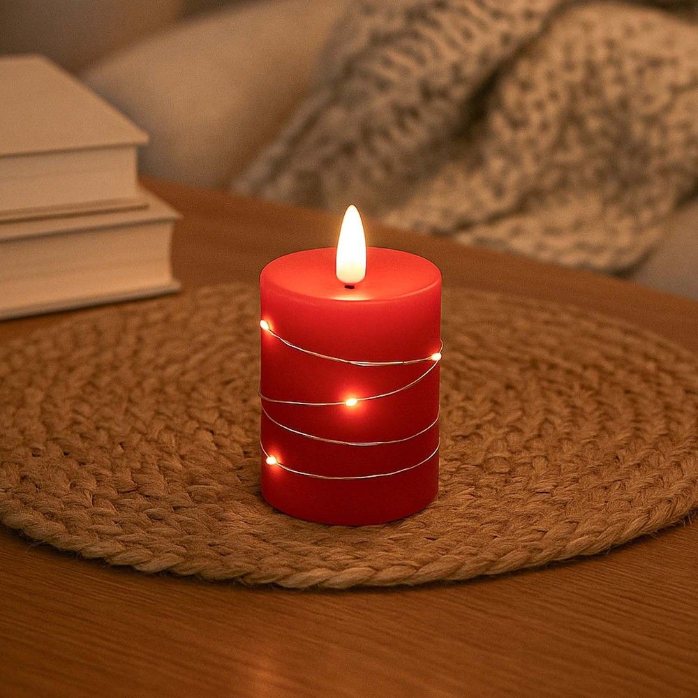 LED-Stumpenkerze mit Lichterkette, Flammeneffekt, rotes Stearin, 10 cm hoch, Ø7,5 cm, Fernbedienung