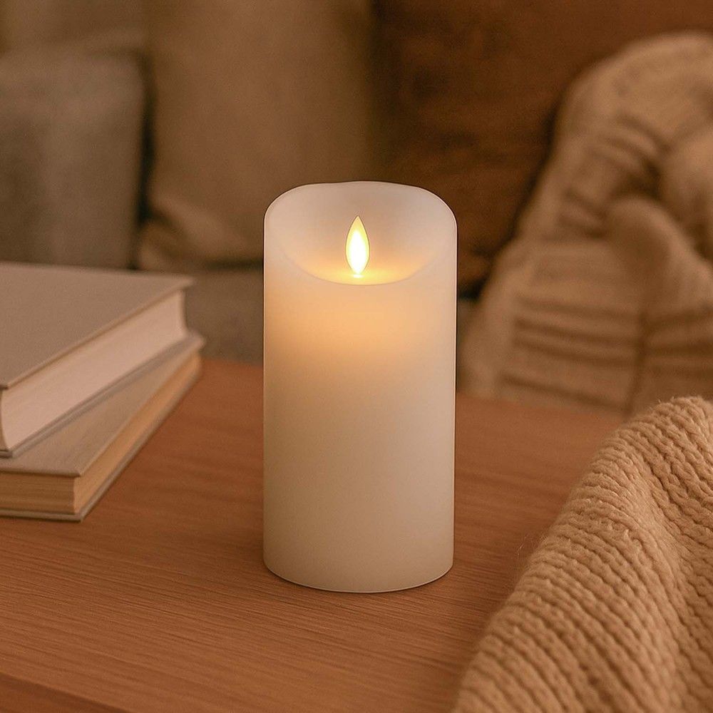 LED-XL-Stumpenkerze 17,5 cm hoch mit Flammeneffekt und Fernbedienung in Weiß, Ø10 cm, passend zu echtem Stearin