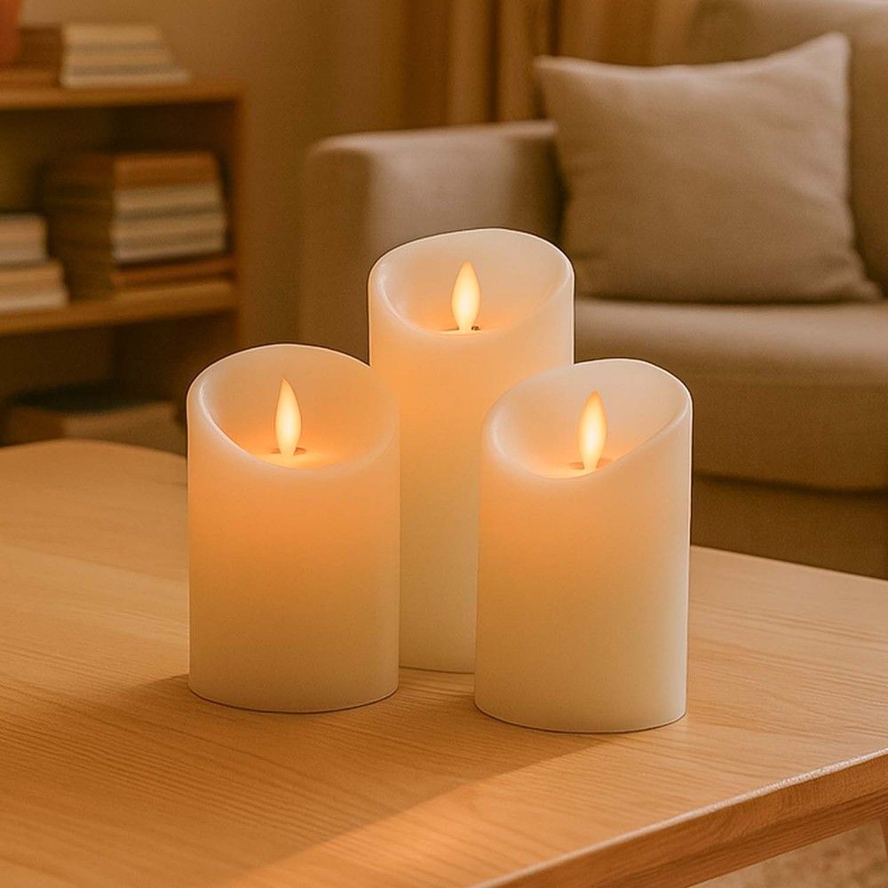 LED-Stumpenkerzen mit beweglicher Flamme, weiß, 3 Stk, Ø7,5 cm, inkl. Fernbedienung und Timer, 10/15/20 cm hoch, echtes Stearin