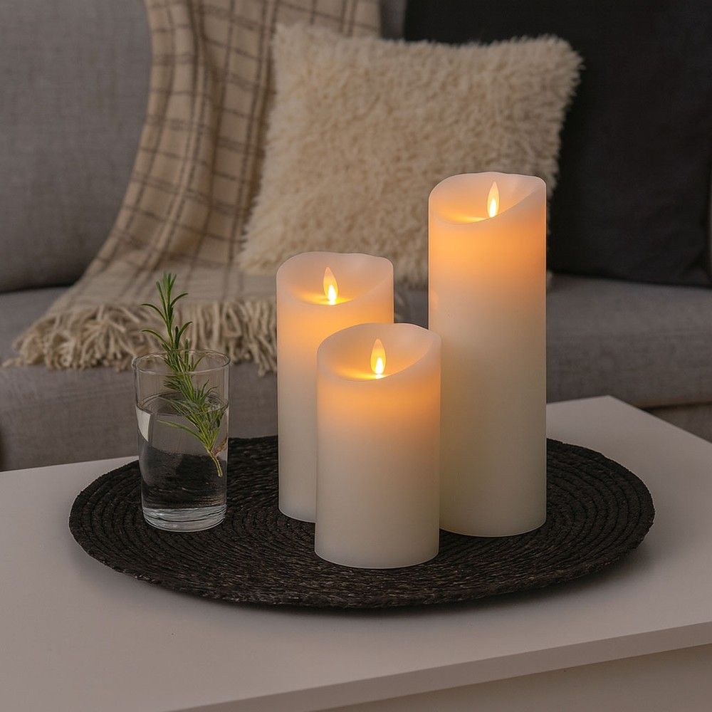 LED-Stumpenkerzen XL, 3 Stk, Ø10 cm, 17,5/22,5/30 cm hoch, bewegliche Flamme, weiß - inkl. Fernbedienung und Timer, echtes Stearin