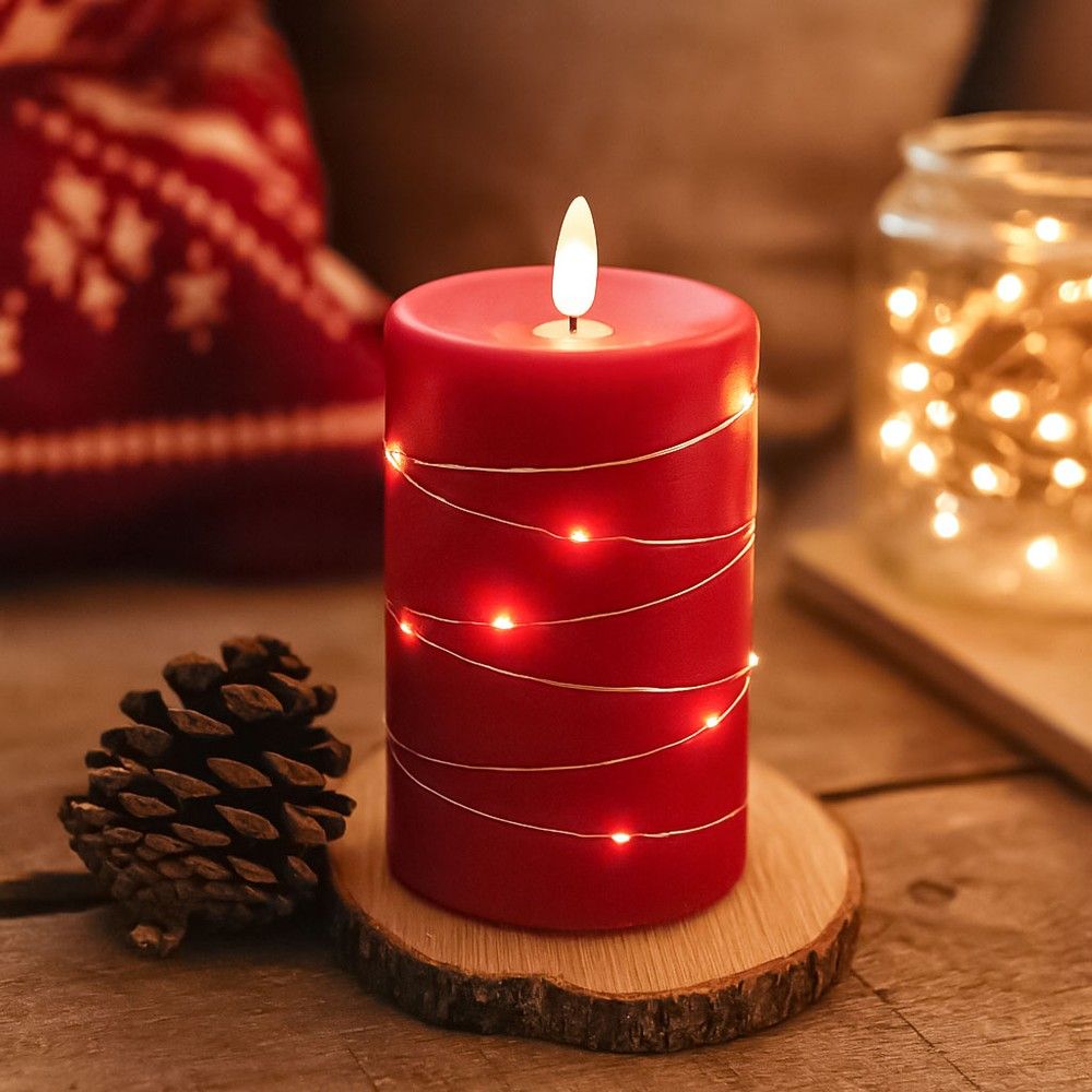 LED-Stumpenkerze mit Lichterkette und Flammeneffekt, 12,5 cm hoch, funktioniert mit Fernbedienung, aus echtem Stearin, rot