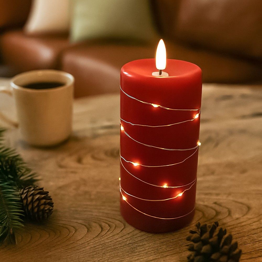 LED-Stumpenkerze mit Lichterkette und Flammeneffekt, 15cm hoch, rot, Fernbedienung, authentisches Aussehen