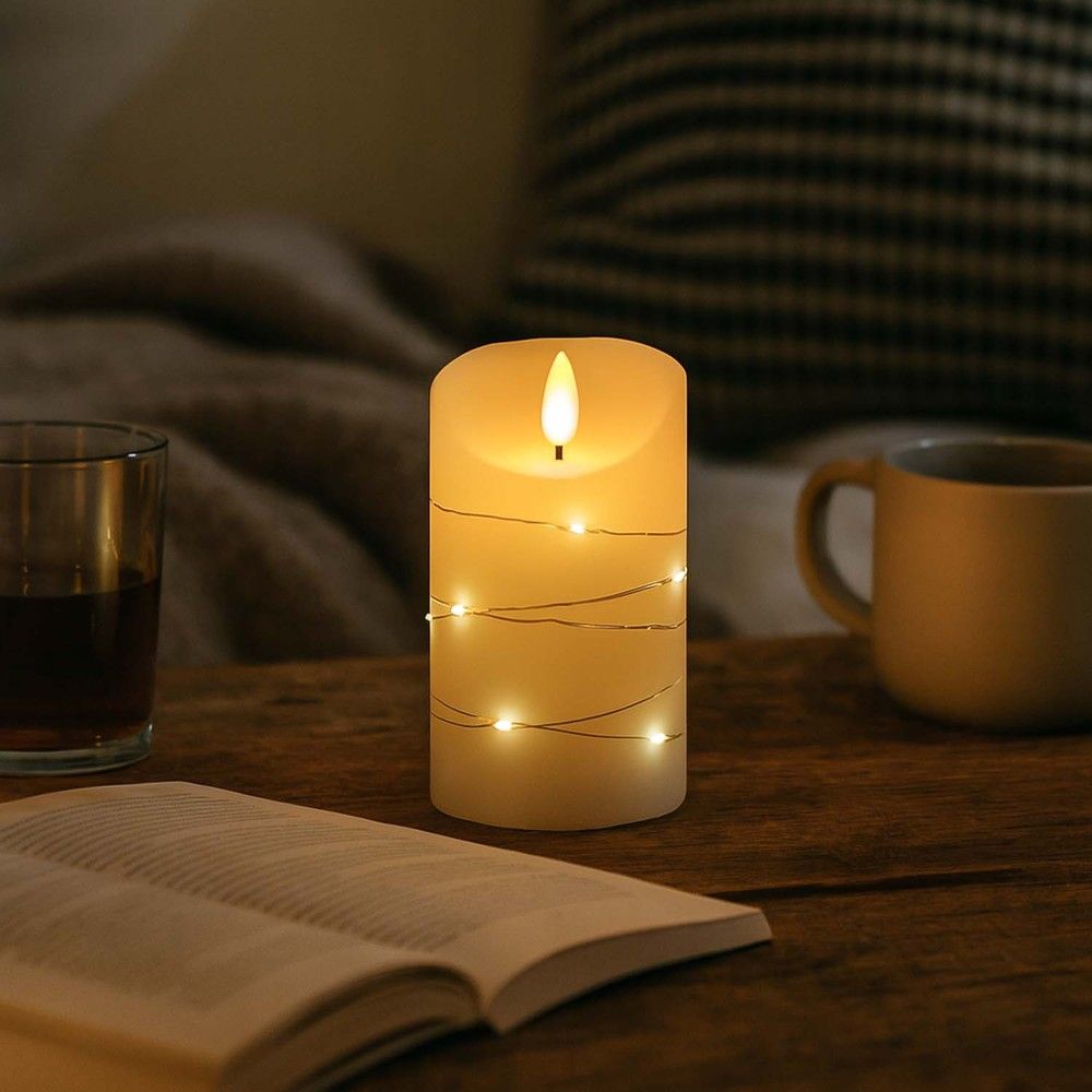 LED-Stumpenkerze mit Lichterkette, 12,5cm hoch, Flammeneffekt - Ø7,5cm, inkl. Fernbedienung, echtes Stearin