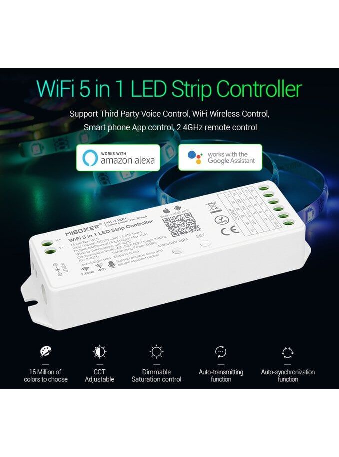 Miboxer - WiFi-Controller - 5-in-1 - RGB-CCT - DC12/24V - WiFi - 2,4GHz RF (WL5)