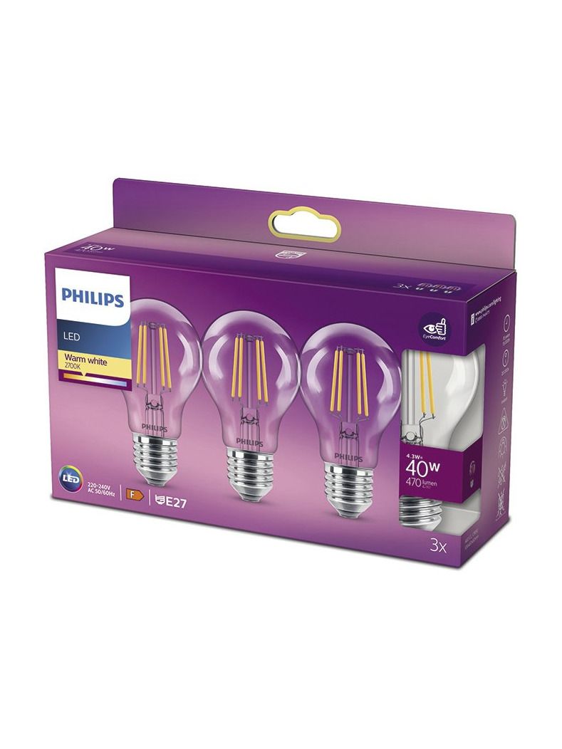 E27 - Philips LED-Leuchtmittel 4,3 W - 470 lm - Klar - 3er-Pack