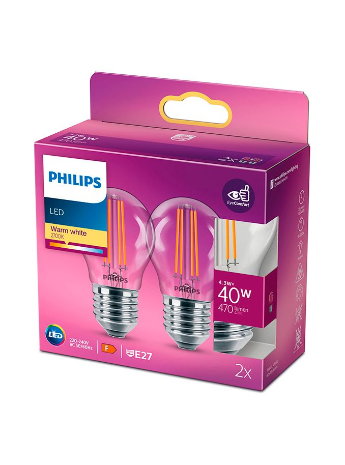 E27 - Philips LED-Kerze - Klar - 4,3 W - 470 lm 2er-Pack