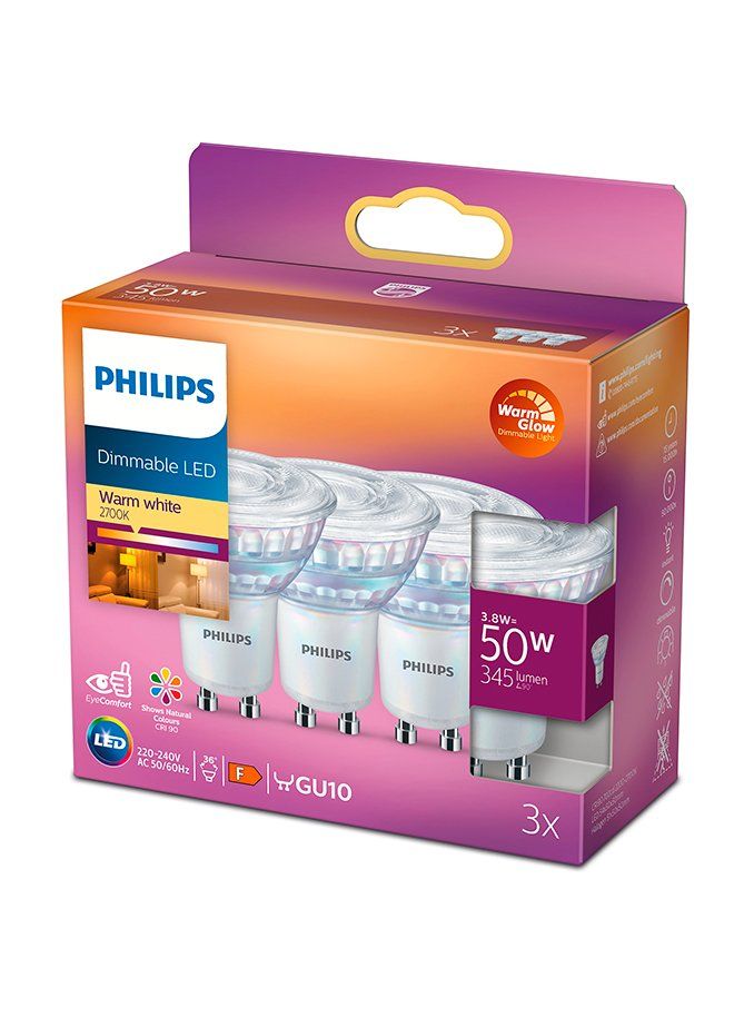 GU10 - Philips LED-Spot - 3,8 W - 345 lm - 2200-2700 K - Dimmbar - 3er-Pack