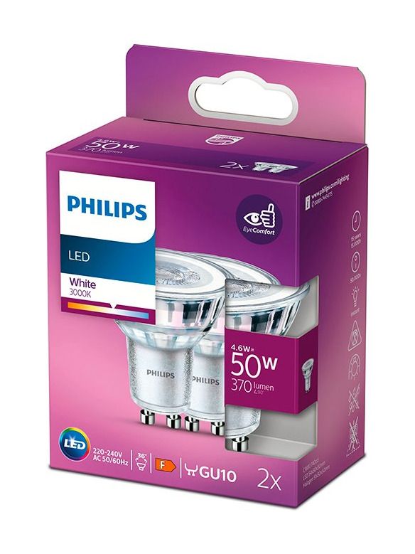 GU10 - Philips LED-Spot - 4,6W - 370lm - 3000K - 2er-Pack