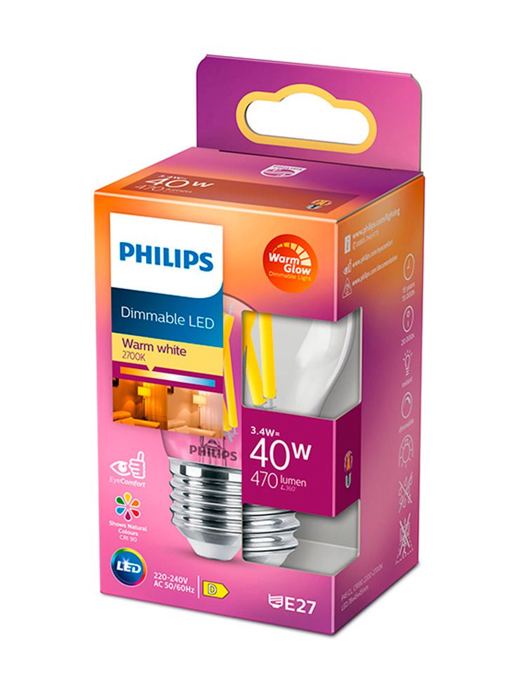 E27 - Philips Warm Glow LED-Kerzenlampe - Klar - 3,4 W - 470 lm - CRI:90+