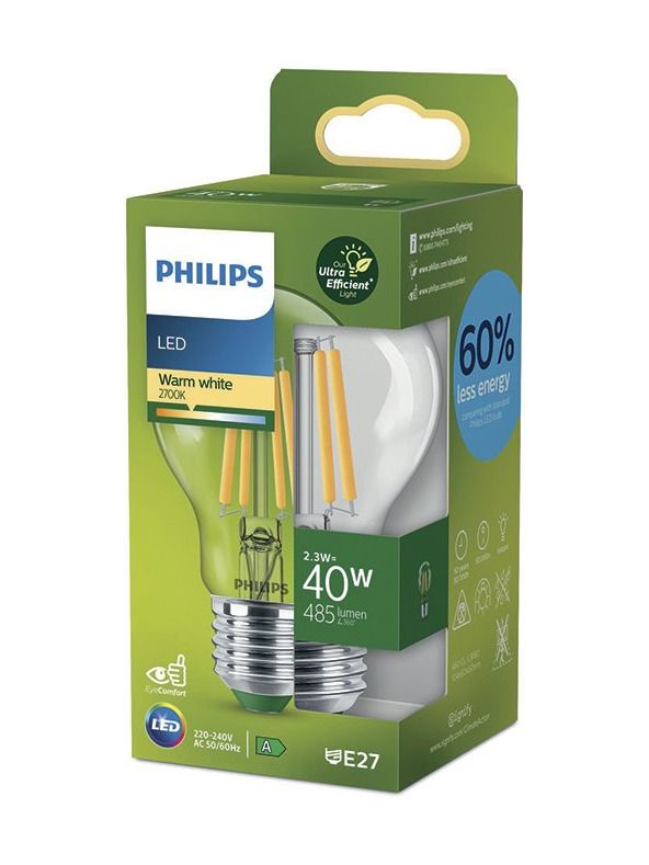 E27 - Philips LED-Leuchtmittel - 2,3 W - 485 lm - 2700 K - Klar - A-Leuchtmittel