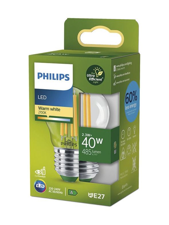 E27 - Philips LED-Kerzenlampe - 2,3 W - 485 lm - 2700 K - Klar - A-Leuchtmittel