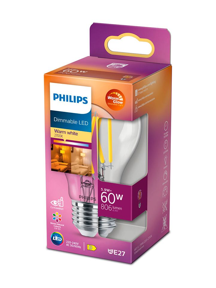 E27 - Philips Warm Glow LED-Leuchtmittel - Klar - 5,9W - 806lm - CRI:90+
