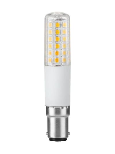 Schlanke Röhrenlampe mit klarer geriffelter Röhre und sichtbaren LED-Dioden oben, weißem Unterteil und Ba15d-Bajonettsockel