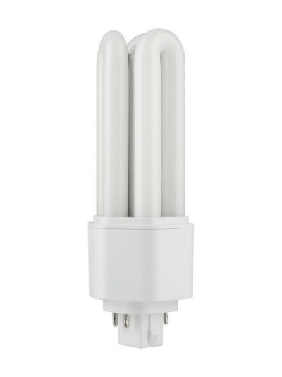 Produktfoto einer breiten, weißen LED-PL-Lampe mit mehreren gebogenen, milchweißen Röhren auf einem kantigen Kunststoffsockel mit Metallstiften, auf weißem Hintergrund