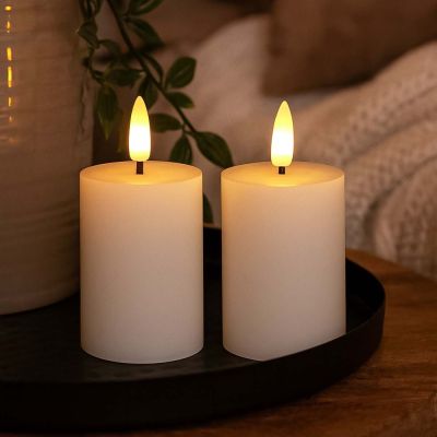 LED-Stumpenkerze mit Flammeneffekt, Weiß - 2 Stk., 7,5 cm hoch, Ø5 cm, echtes Stearin