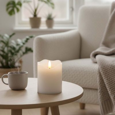 LED-Stumpenkerze mit Flammeneffekt, Weiß, 10 cm hoch, Ø7,5 cm, echtes Stearin