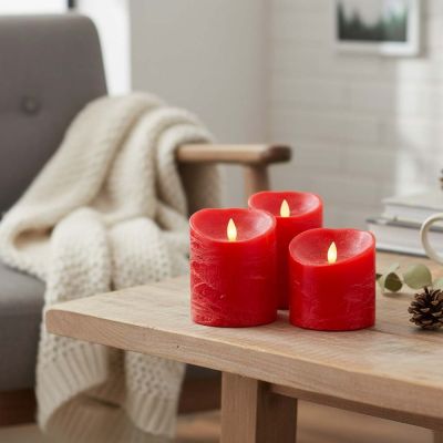 LED-Stumpenkerze mit beweglicher Flamme, rot, 3 Stk, Ø10 cm, inkl. Fernbedienung und Timer, Höhe variiert von 10 cm bis 15 cm, echtes Stearin
