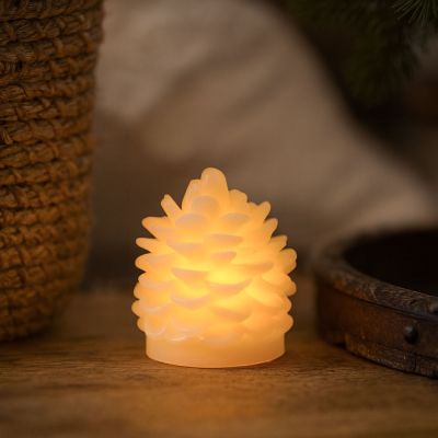 LED-Tannenzapfenkerze mit flackerndem Flammeneffekt in Weiß - H8 cm, Ø6 cm, echtes Stearin