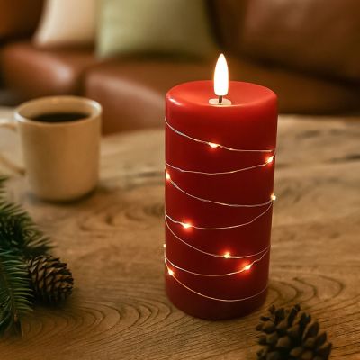 LED-Stumpenkerze mit Lichterkette und Flammeneffekt, 15cm hoch, rot, Fernbedienung, authentisches Aussehen