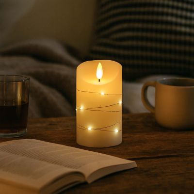 LED-Stumpenkerze mit Lichterkette, 12,5cm hoch, Flammeneffekt - Ø7,5cm, inkl. Fernbedienung, echtes Stearin