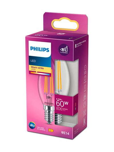 E14 - Philips LED-Kerzenlampe - Klar - 6.5W - 806lm