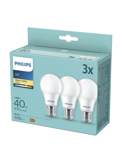 E27 - Philips LED-Leuchtmittel - 4,9W - 470lm - 2700K - Matt - 3er-Pack