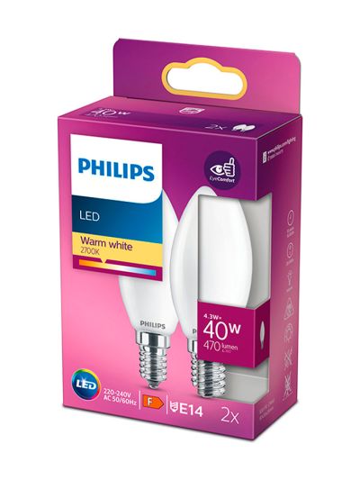 E14 - Philips LED-Kerze - Matt - 4,3 W - 470 lm 2er-Pack