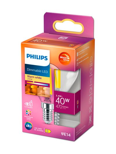 E14 - Philips Warm Glow LED-Kerzenlampe - Klar - 3,4 W - 470 lm - CRI:90+