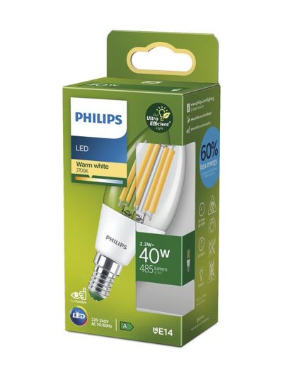 E14 - Philips LED-Kerzenlampe - 2,3 W - 485 lm - 2700 K - klar - Energieeffizienzklasse A