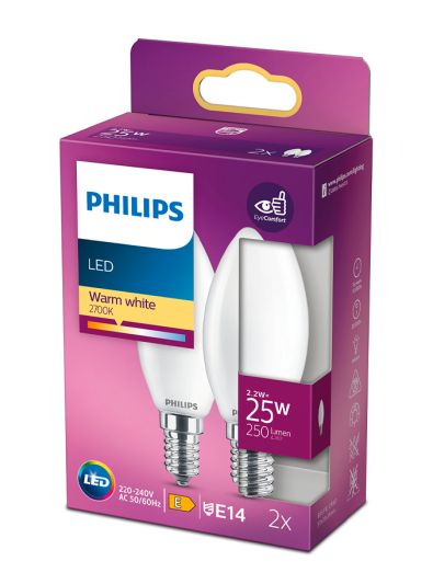 E14 - Philips LED-Kerze - Matt - 2,2 W - 250 lm 2er-Pack