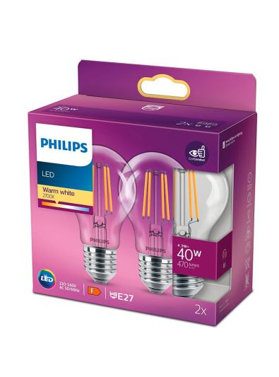 E27 - Philips LED-Leuchtmittel - Klar - 4,3 W - 470 lm 2er-Pack