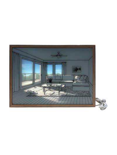 LED-Lichtkunstbild - Lichtillusion - Modernes Motiv Wohnzimmer mit Lichteinfall - Batterie - 23x17cm