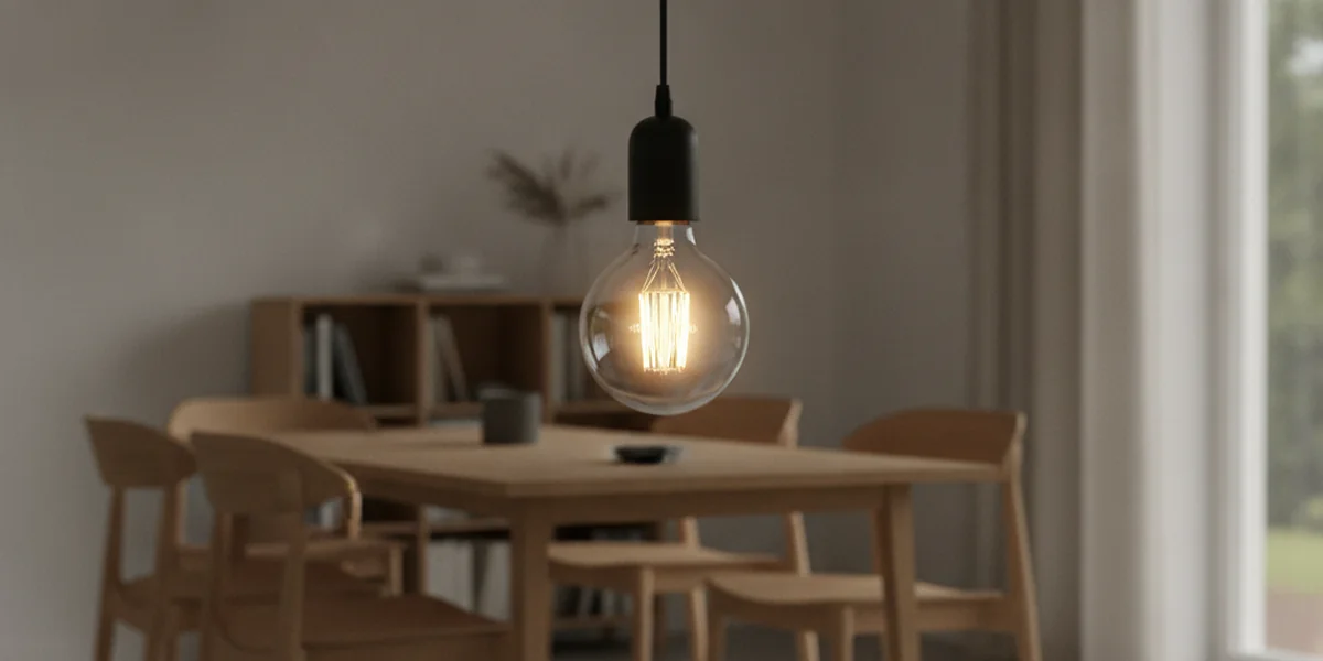 LED-Filament-Leuchtmittel in einer schwarzen Pendelleuchte über einem Esstisch, mit unruhigem, flackerndem Licht
