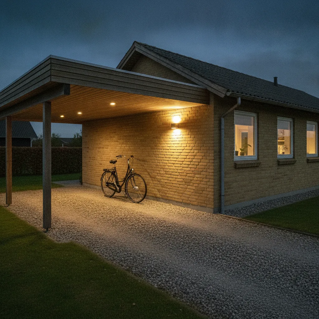 Carport in der Dämmerung: Eine eingeschaltete Wandleuchte wirft warmes Licht an einer gelben Klinkerwand herab, ein Fahrrad steht auf dem Kies unter dem Dach, dahinter leuchten die Fenster des Hauses