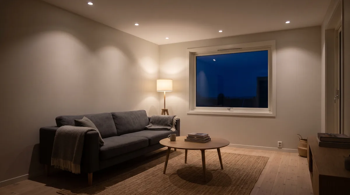 Wohnzimmer am Abend mit weichem, gedimmtem Licht