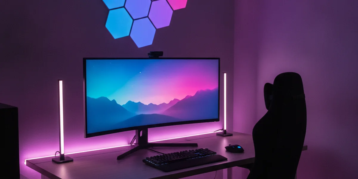 Schreibtisch mit gebogenem Monitor in einem dunklen Zimmer, zwei senkrechte Lichtleisten neben dem Monitor, eine Lichtlinie entlang der hinteren Tischkante und sechseckige Lichtpanels in Blau und Lila an der Wand über dem Monitor
