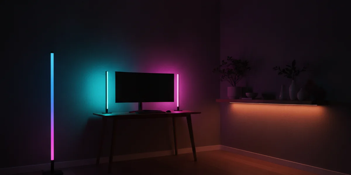 Dunkle Wohnzimmerecke am Abend mit farbigem Stimmungslicht: eine Stehleuchte in Lila und Blau, zwei Lichtleisten an einem Bildschirm in Cyan und Magenta und ein LED-Streifen mit warmem Licht unter einem Eichenregal