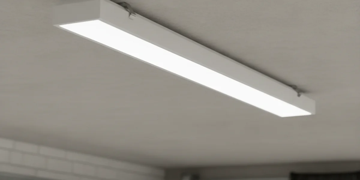 Weiße längliche LED-Leuchte an einer grauen Betondecke in einer Garage, eingeschaltet mit neutralweißem Licht