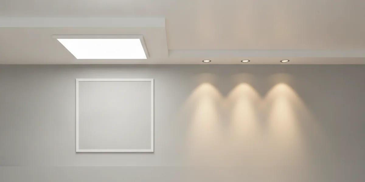 LED-Panel und Einbaustrahler mit Lichtkegeln nebeneinander &mdash; Flächenlicht gegen Punktlicht
