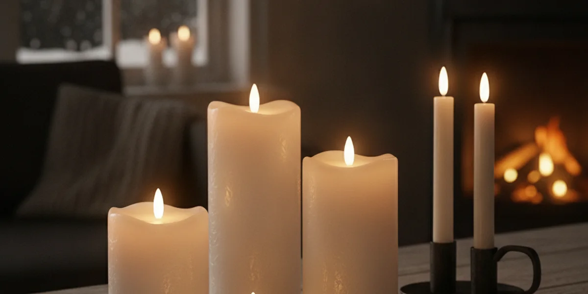 Weiße LED-Stumpenkerzen in verschiedenen Größen, kleine runde LED-Teelichter und zwei schlanke Stabkerzen in einem schwarzen Kerzenhalter, alle mit kleinen warmweißen LED-Flammen, auf einem rustikalen Holztisch in einem dunklen, gemütlichen Wohnzimmer