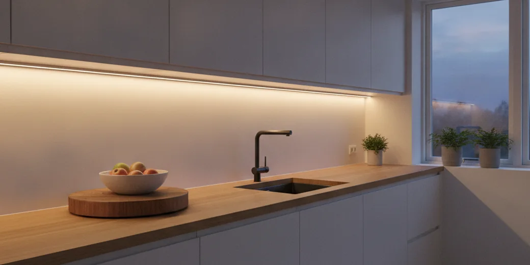 Warmweißer LED-Streifen leuchtet unter den Hängeschränken einer Küche