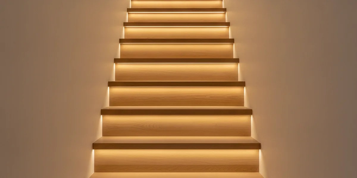 LED-Streifen unter der Vorderkante jeder Stufe beleuchten eine Holztreppe
