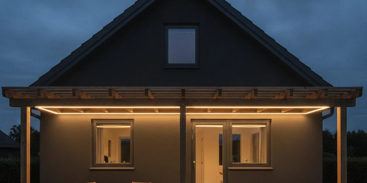 Warmweiße, durchgehende COB-Lichtlinie unter der Kante einer Holzpergola über einer Terrasse an einem dunklen Einfamilienhaus in der Dämmerung