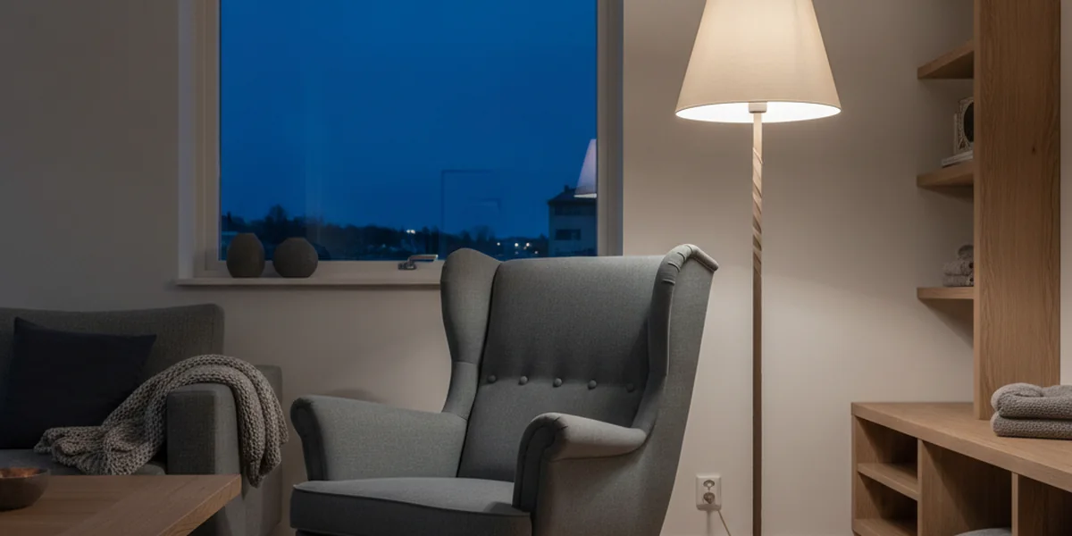Stehleuchte, auf warmes Abendlicht gedimmt, neben einem Lesesessel im Wohnzimmer