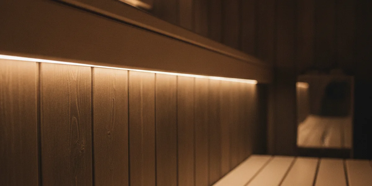 Warmweißes Licht eines LED-Streifens unter der Kante einer Holzbank in einer dunklen Sauna